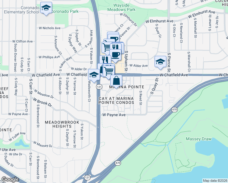 map of restaurants, bars, coffee shops, grocery stores, and more near 8376 South Upham Way in Littleton