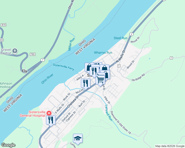 map of restaurants, bars, coffee shops, grocery stores, and more near 201-213 Charles Street in Sistersville