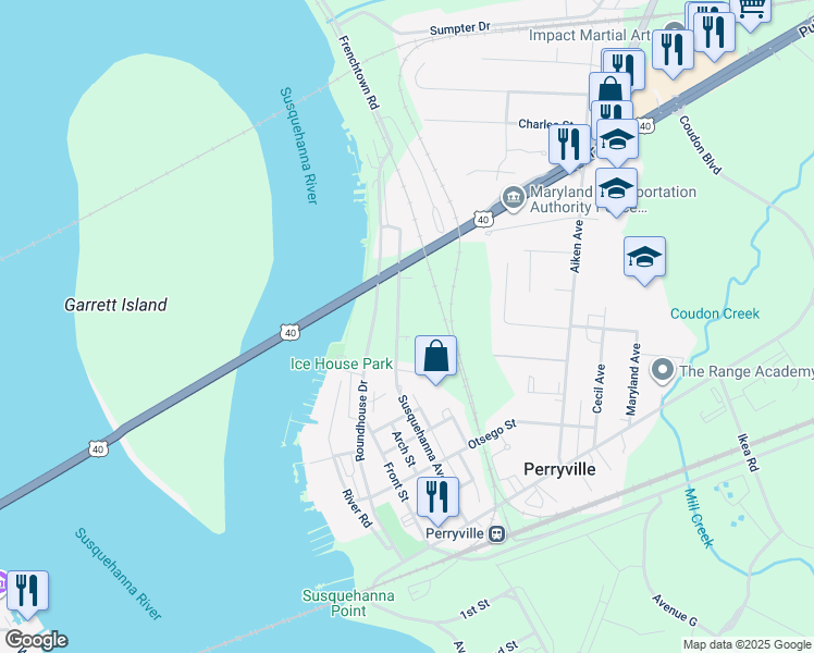 map of restaurants, bars, coffee shops, grocery stores, and more near 906 Frenchtown Road in Perryville