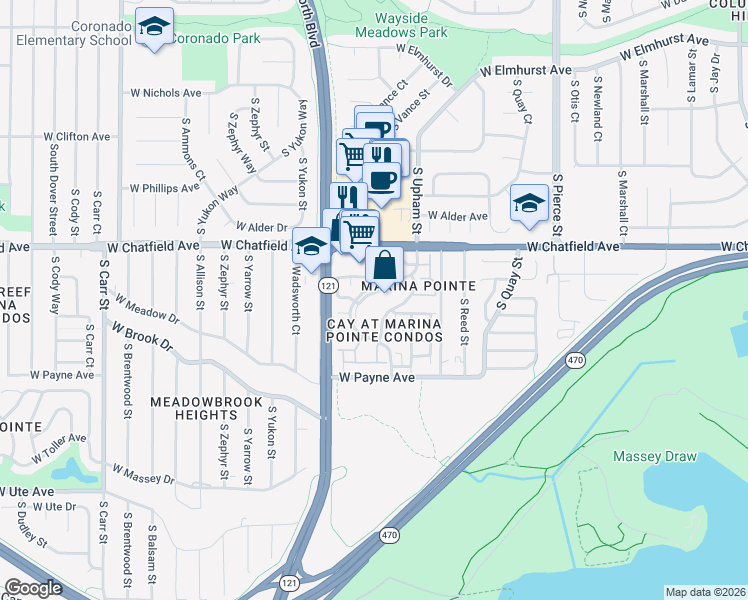 map of restaurants, bars, coffee shops, grocery stores, and more near 8378 South Upham Way in Littleton