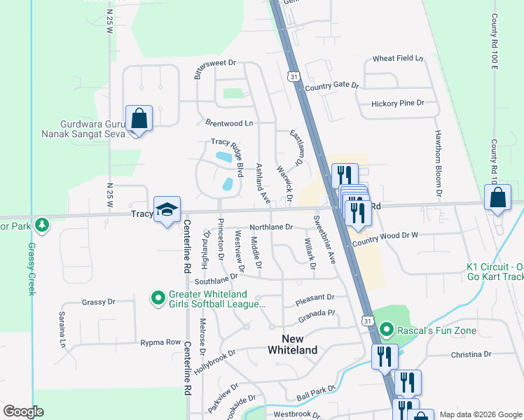 map of restaurants, bars, coffee shops, grocery stores, and more near 222 Tracy Road in Whiteland