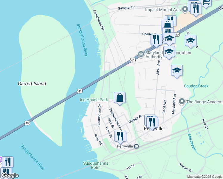 map of restaurants, bars, coffee shops, grocery stores, and more near 906 Frenchtown Road in Perryville