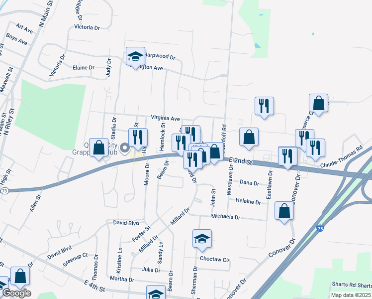 map of restaurants, bars, coffee shops, grocery stores, and more near 1011 East 2nd Street in Franklin