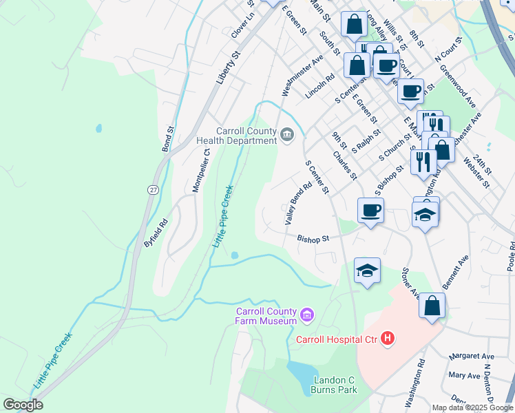 map of restaurants, bars, coffee shops, grocery stores, and more near 304 Bishop Court in Westminster