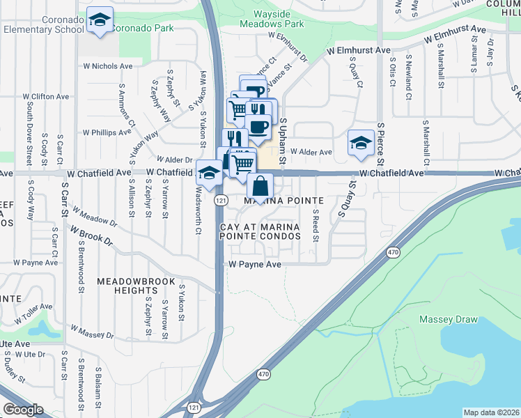 map of restaurants, bars, coffee shops, grocery stores, and more near 8378 South Upham Way in Littleton