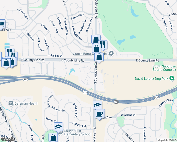 map of restaurants, bars, coffee shops, grocery stores, and more near 8420 South Little Rock Way in Littleton