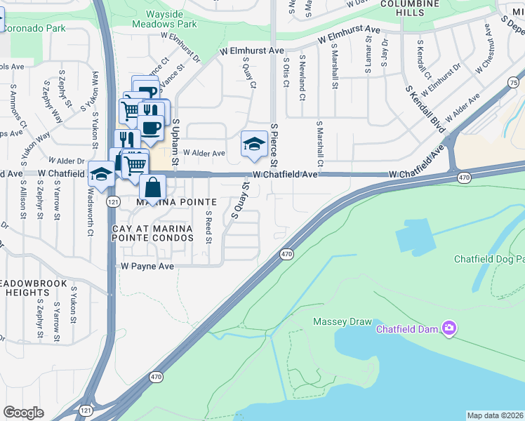 map of restaurants, bars, coffee shops, grocery stores, and more near 8366 South Pierce Way in Littleton