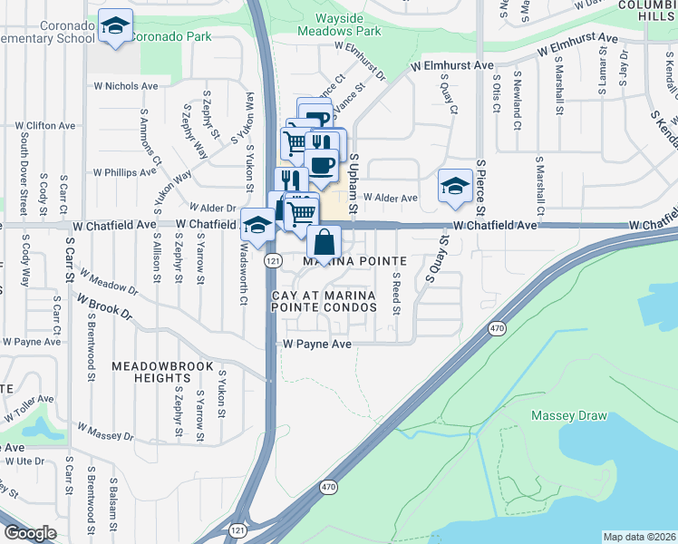 map of restaurants, bars, coffee shops, grocery stores, and more near 8416 South Upham Way in Littleton