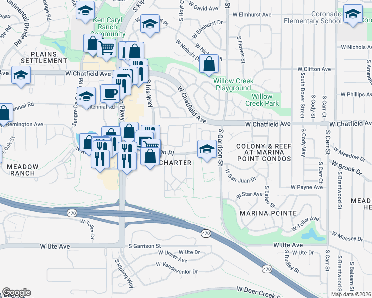 map of restaurants, bars, coffee shops, grocery stores, and more near in Littleton