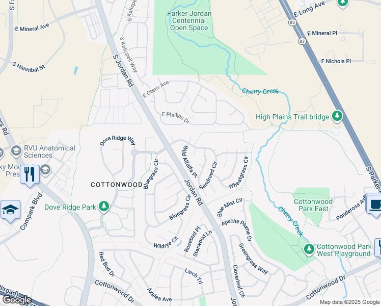 map of restaurants, bars, coffee shops, grocery stores, and more near 8421 Blazing Star Place in Parker