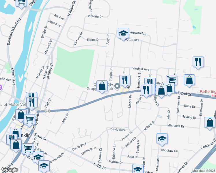 map of restaurants, bars, coffee shops, grocery stores, and more near 27 Stadia Drive in Franklin