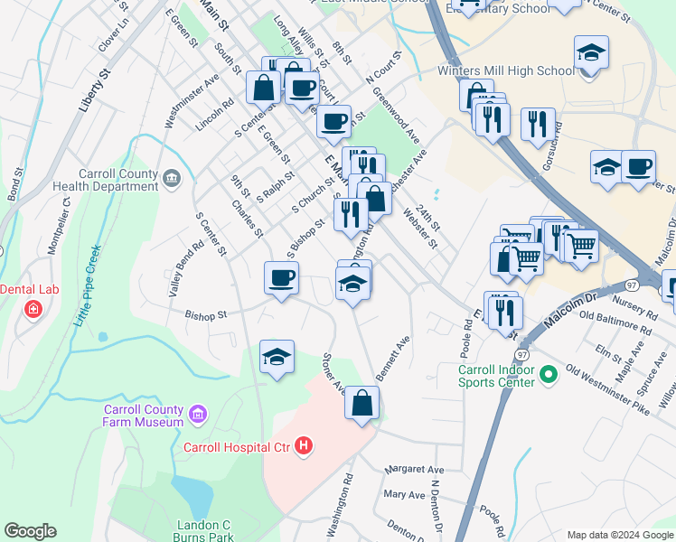 map of restaurants, bars, coffee shops, grocery stores, and more near 74 Carroll View Avenue in Westminster