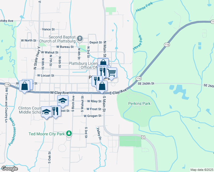 map of restaurants, bars, coffee shops, grocery stores, and more near 103 South Main Street in Plattsburg