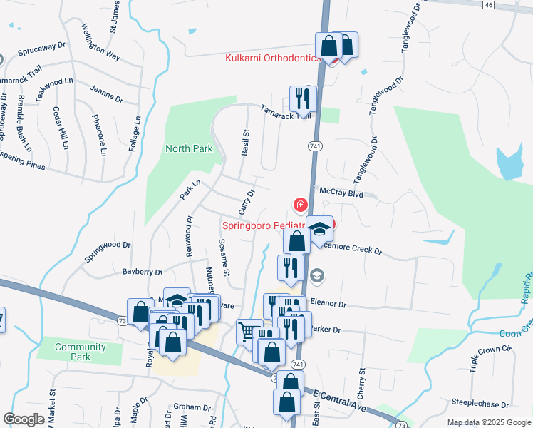 map of restaurants, bars, coffee shops, grocery stores, and more near 430 Fairway Drive in Springboro