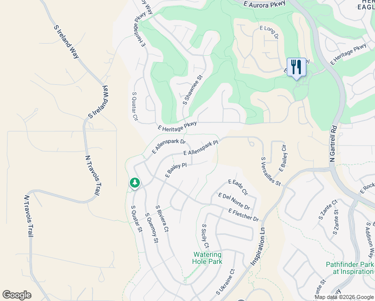 map of restaurants, bars, coffee shops, grocery stores, and more near 22235 East Bailey Place in Aurora