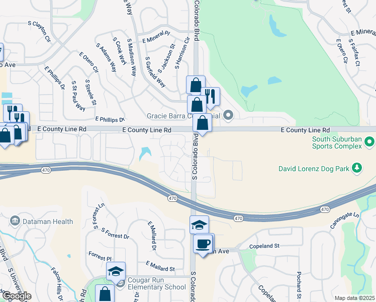 map of restaurants, bars, coffee shops, grocery stores, and more near 8420 South Little Rock Way in Littleton