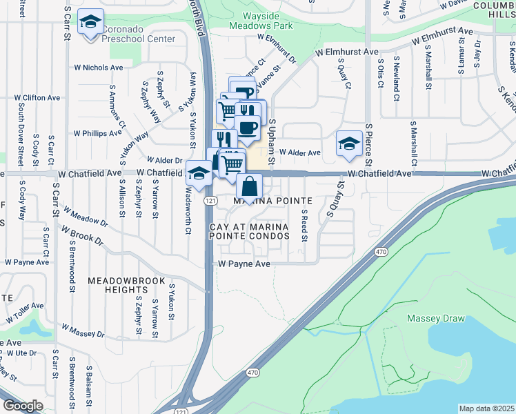 map of restaurants, bars, coffee shops, grocery stores, and more near 8416 South Upham Way in Littleton