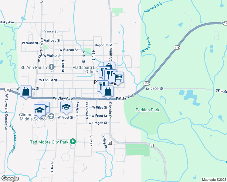 map of restaurants, bars, coffee shops, grocery stores, and more near 100 West Clay Avenue in Plattsburg