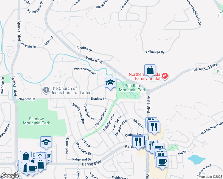 map of restaurants, bars, coffee shops, grocery stores, and more near 3570 Waterfall Drive in Sparks