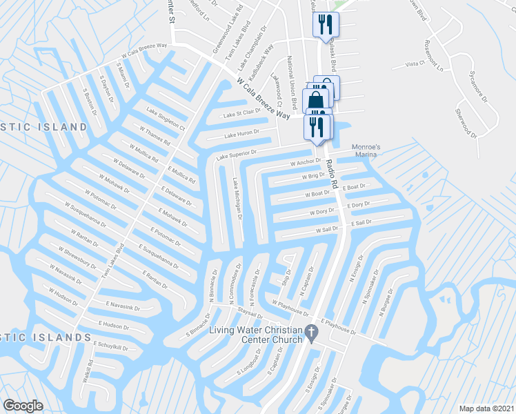map of restaurants, bars, coffee shops, grocery stores, and more near 53 West Anchor Drive in Little Egg Harbor Township