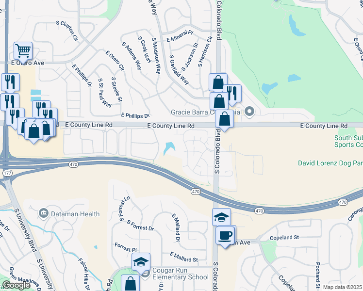 map of restaurants, bars, coffee shops, grocery stores, and more near 8405 Pebble Creek Way in Littleton