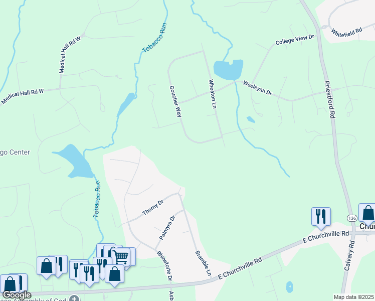 map of restaurants, bars, coffee shops, grocery stores, and more near 128 Goucher Way in Churchville