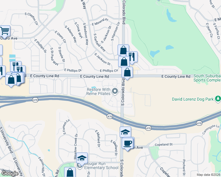 map of restaurants, bars, coffee shops, grocery stores, and more near 8420 South Little Rock Way in Littleton
