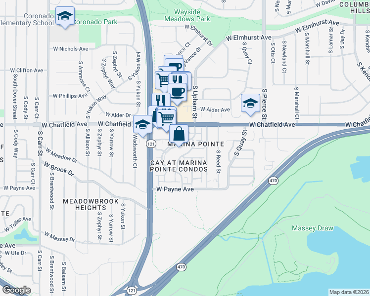map of restaurants, bars, coffee shops, grocery stores, and more near 8416 South Upham Way in Littleton