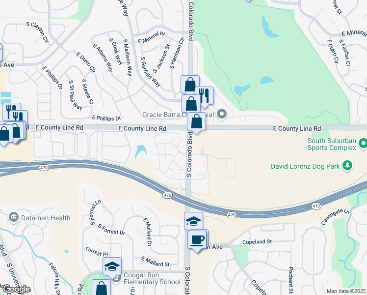 map of restaurants, bars, coffee shops, grocery stores, and more near 8420 South Little Rock Way in Littleton