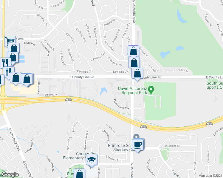 map of restaurants, bars, coffee shops, grocery stores, and more near 8405 Pebble Creek Way in Littleton