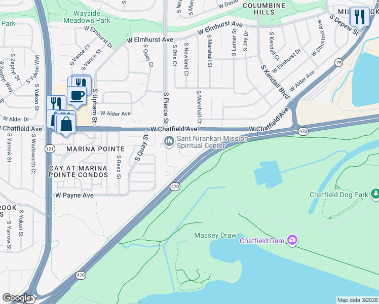 map of restaurants, bars, coffee shops, grocery stores, and more near 8405 South Newland Court in Littleton