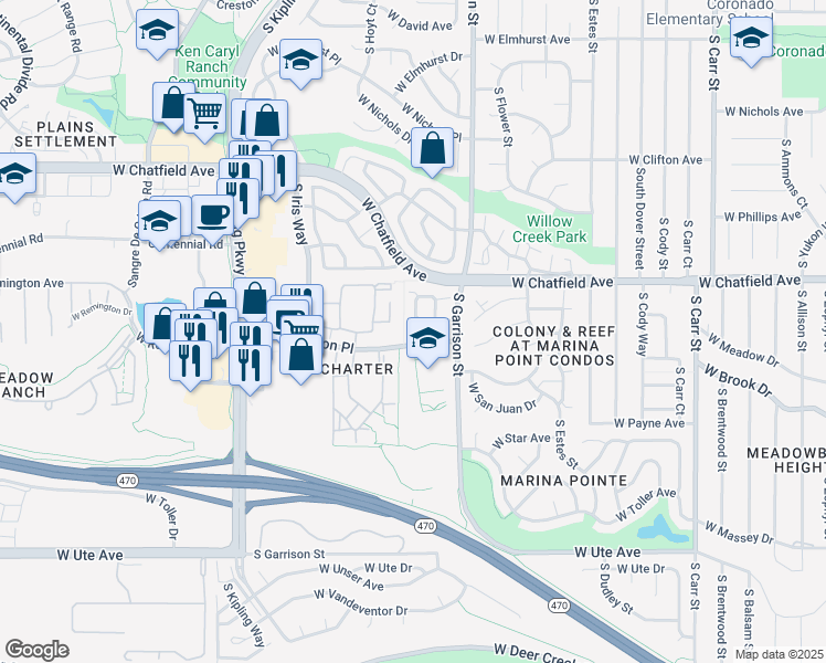 map of restaurants, bars, coffee shops, grocery stores, and more near 8377 South Garland Way in Littleton