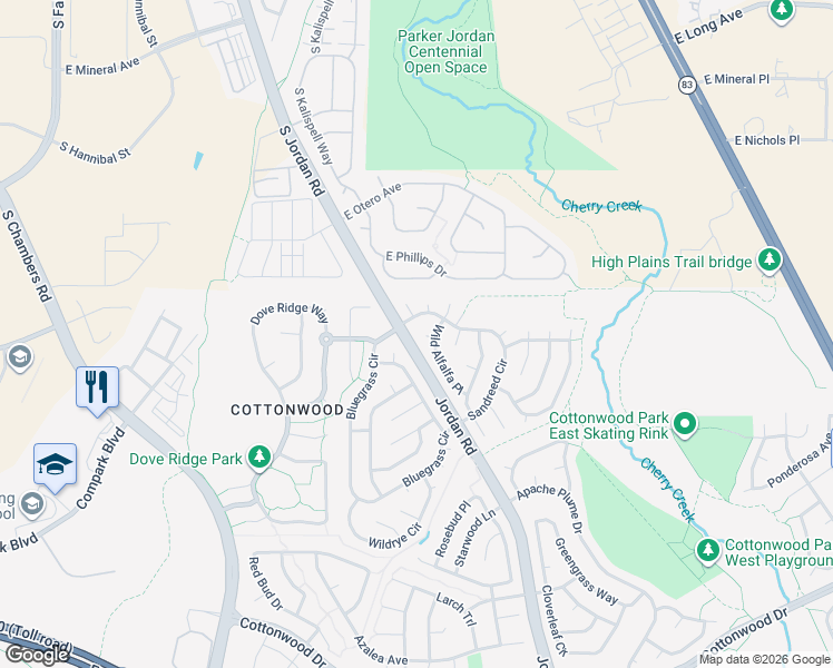 map of restaurants, bars, coffee shops, grocery stores, and more near 8418 Coralberry Court in Parker