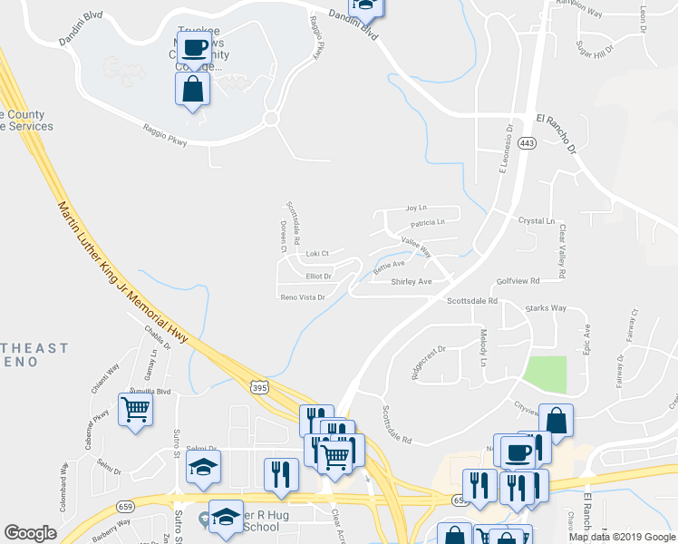 map of restaurants, bars, coffee shops, grocery stores, and more near 3260 Bullwinkle Drive in Reno