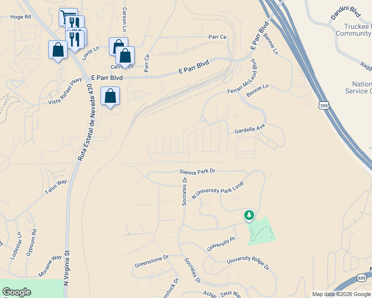 map of restaurants, bars, coffee shops, grocery stores, and more near 775 Sienna Park Drive in Reno