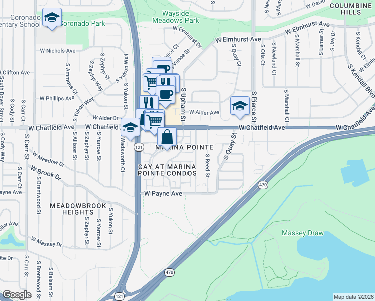 map of restaurants, bars, coffee shops, grocery stores, and more near 8382 South Upham Way in Littleton