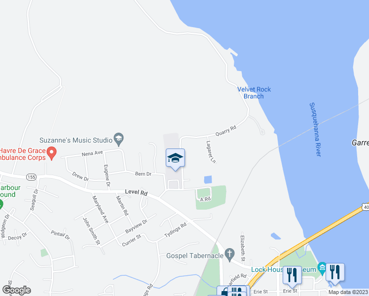 map of restaurants, bars, coffee shops, grocery stores, and more near 929 Quarry Road in Havre de Grace