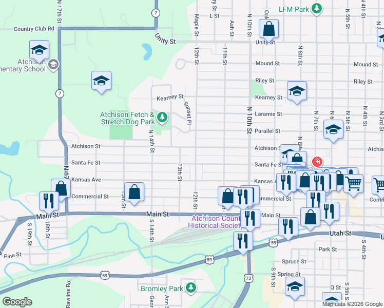 map of restaurants, bars, coffee shops, grocery stores, and more near 400-448 12th Street in Atchison
