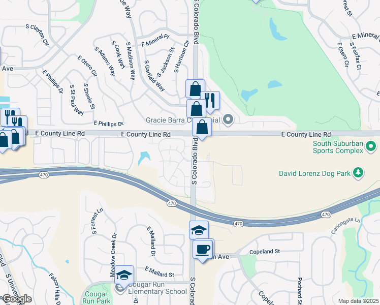 map of restaurants, bars, coffee shops, grocery stores, and more near in Highlands Ranch