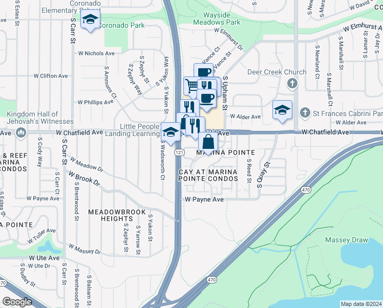 map of restaurants, bars, coffee shops, grocery stores, and more near 7444 West Chatfield Avenue in Littleton