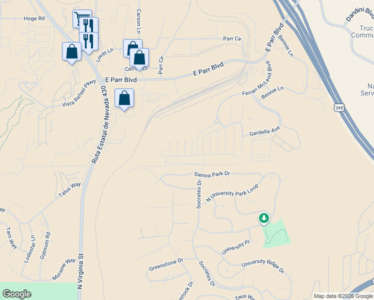 map of restaurants, bars, coffee shops, grocery stores, and more near 3671 Remington Park Drive in Reno