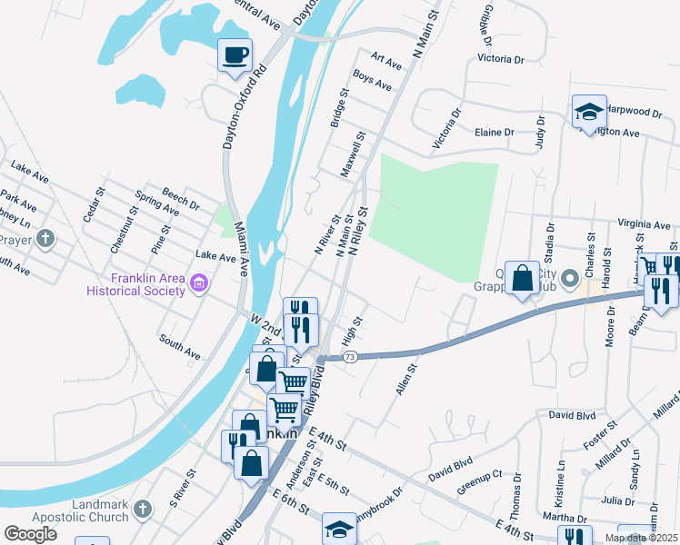 map of restaurants, bars, coffee shops, grocery stores, and more near 22 North River Street in Franklin
