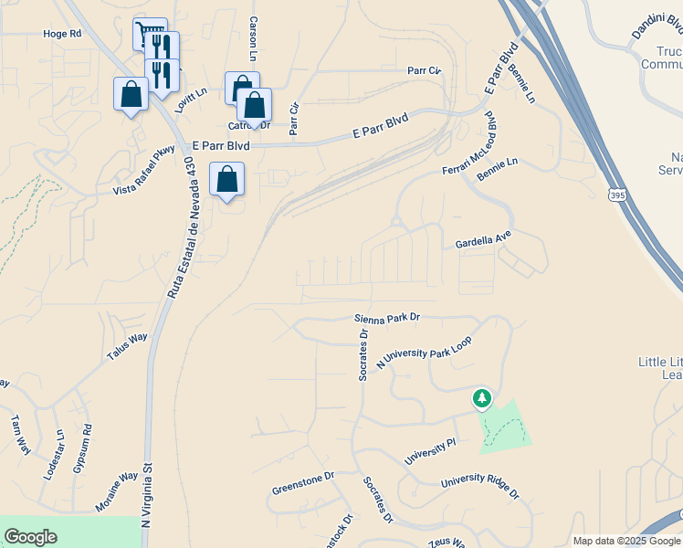 map of restaurants, bars, coffee shops, grocery stores, and more near 3671 Remington Park Drive in Reno