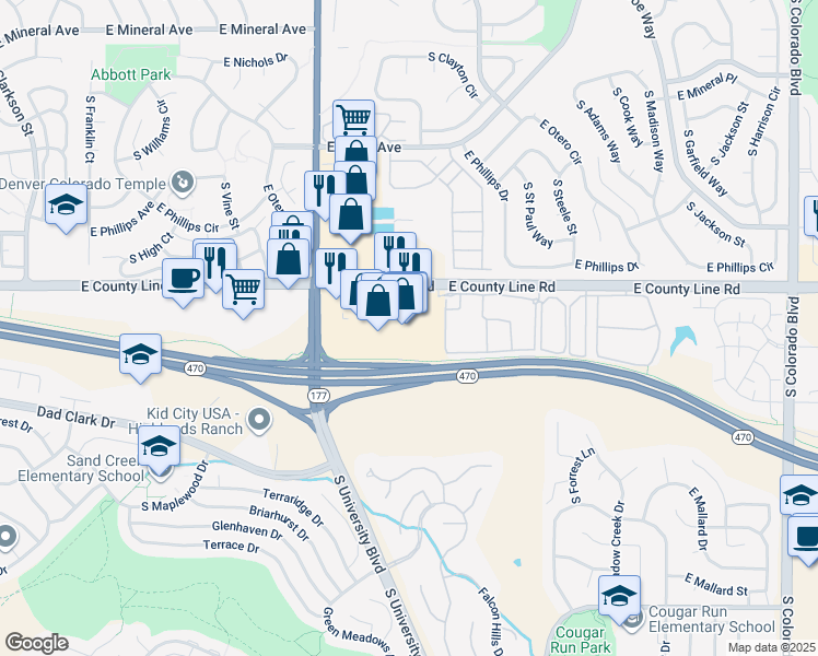map of restaurants, bars, coffee shops, grocery stores, and more near in Littleton