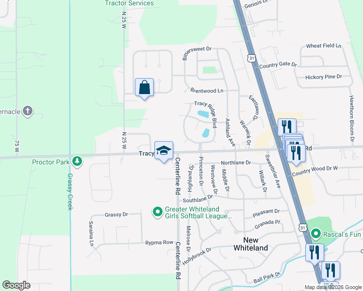 map of restaurants, bars, coffee shops, grocery stores, and more near 25 Tulip Court in Whiteland