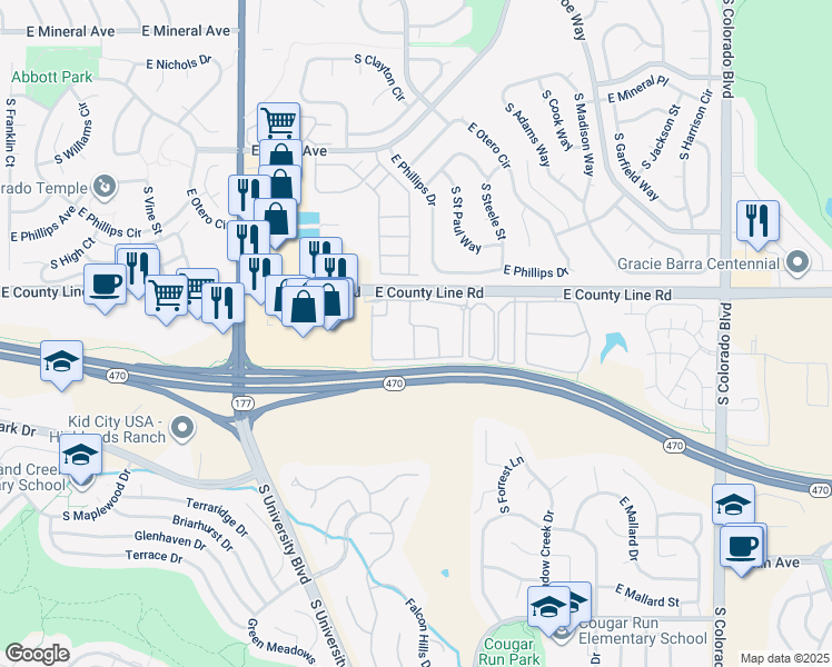 map of restaurants, bars, coffee shops, grocery stores, and more near 8305 South Harvest Lane in Littleton
