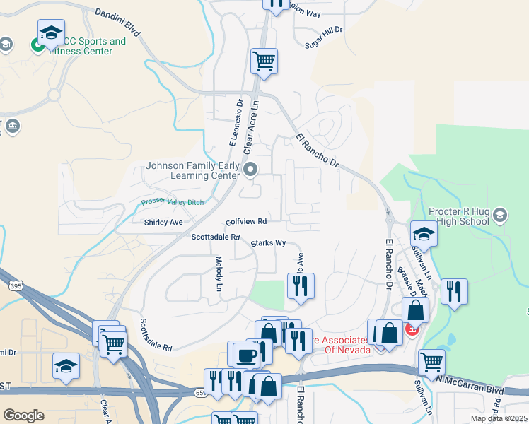 map of restaurants, bars, coffee shops, grocery stores, and more near 3925 Clear Acre Lane in Reno