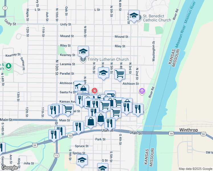 map of restaurants, bars, coffee shops, grocery stores, and more near 301 North 5th Street in Atchison