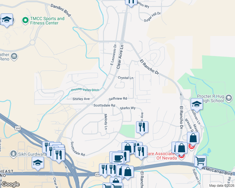 map of restaurants, bars, coffee shops, grocery stores, and more near 3917 Clear Acre Lane in Reno