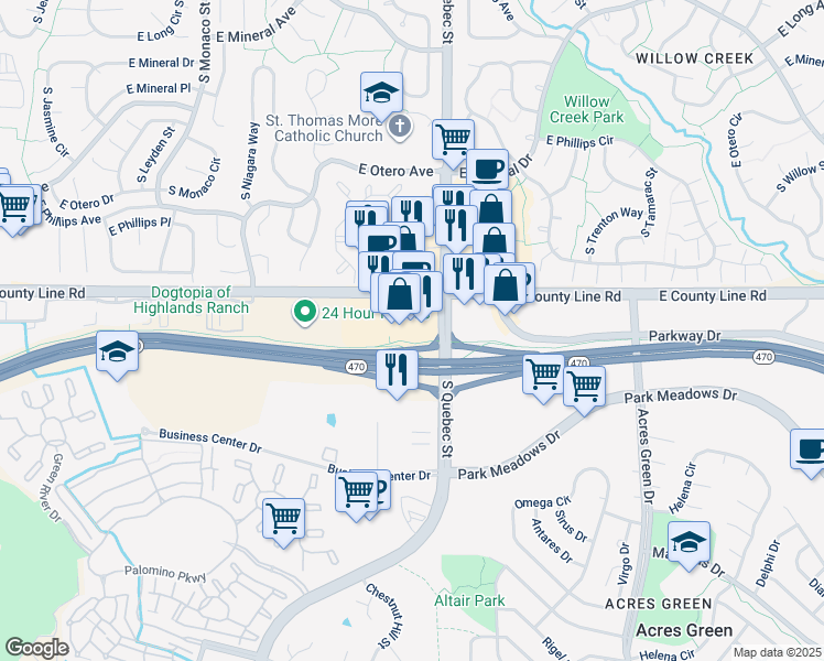 map of restaurants, bars, coffee shops, grocery stores, and more near 7120 E County Line Rd in Highlands Ranch
